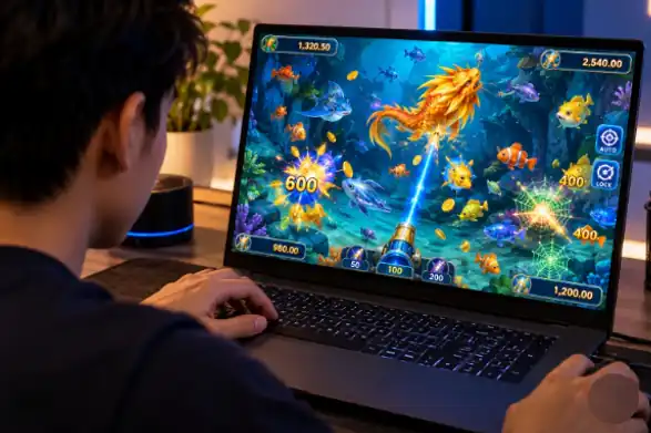 Player at a laptop playing an online fishing game with a cannon, glowing fish and a golden dragon boss